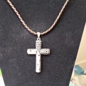 Brush silver finish crystal cross with braided leather cord